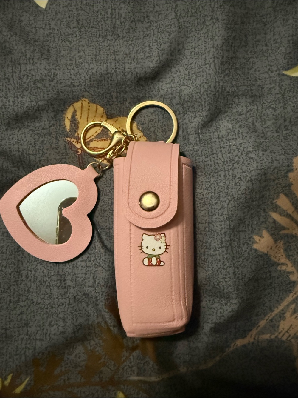 Pink Hello Kitty Keychain Lipstick Holder with Heart Mirror